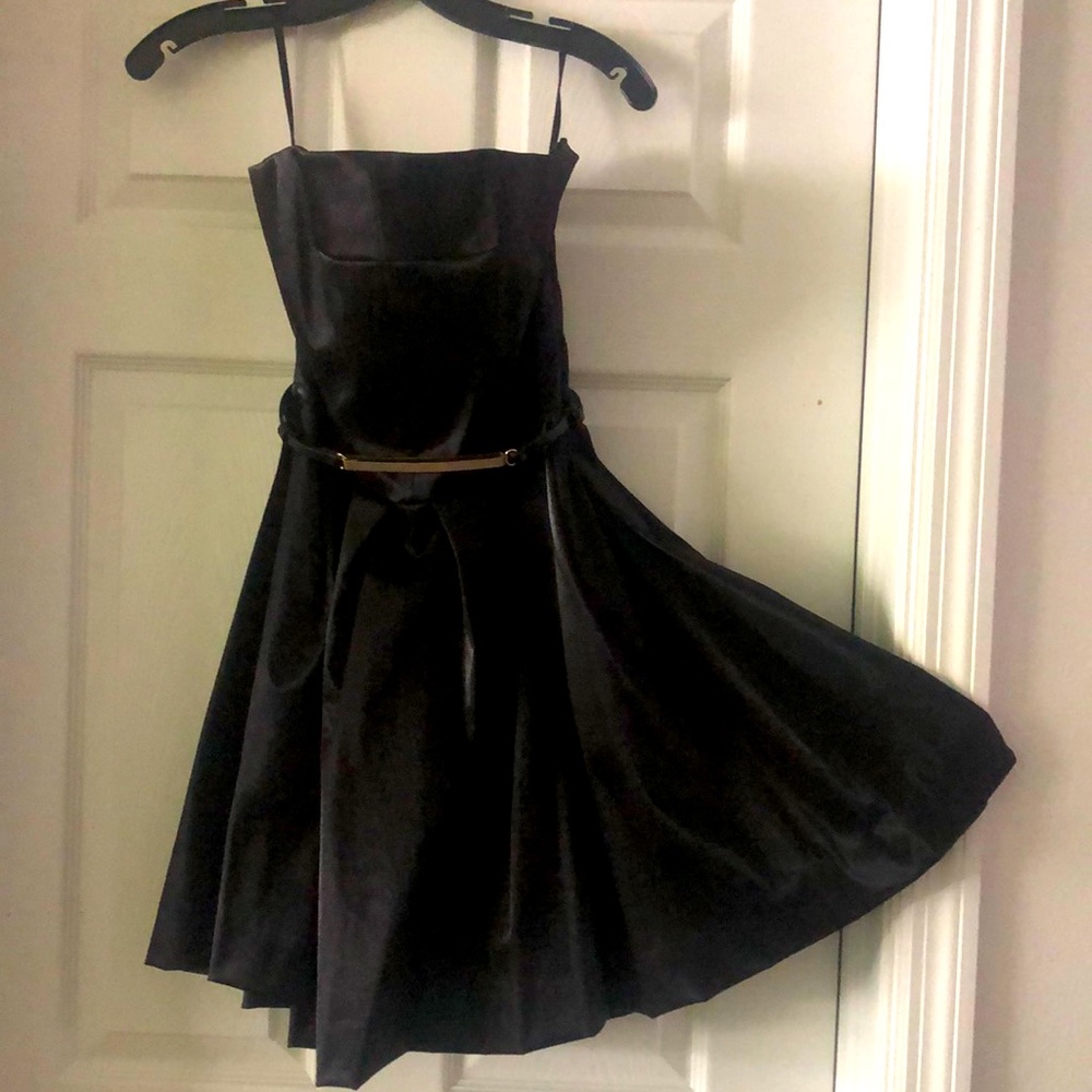 Strapless dressy dress, shimmery black, size 12, belted with gold buckle